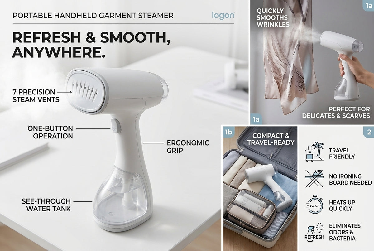 Portable Garment Steamer for Clothes – Compact Handheld Fabric Steamer, Fast-Heat Travel Clothes Steamer for Shirts, Dresses, Curtains & Home Use