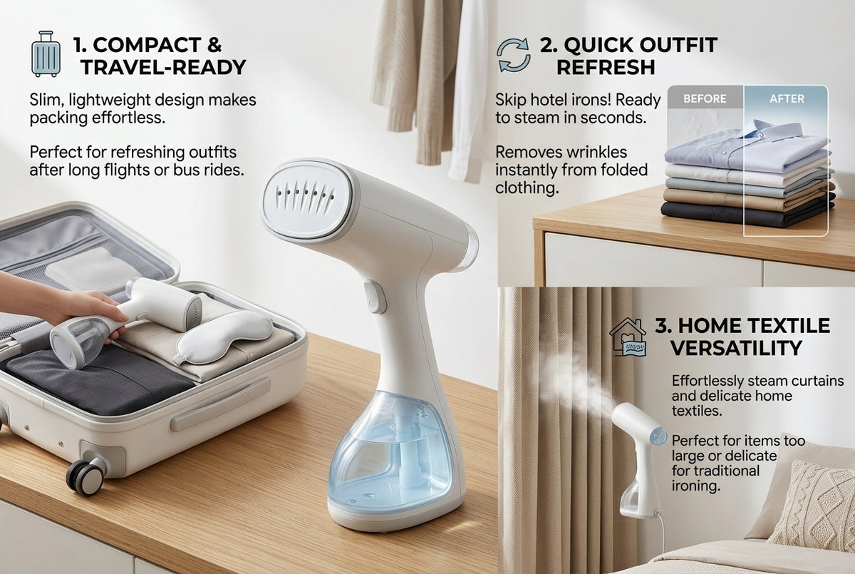 Portable Garment Steamer for Clothes – Compact Handheld Fabric Steamer, Fast-Heat Travel Clothes Steamer for Shirts, Dresses, Curtains & Home Use