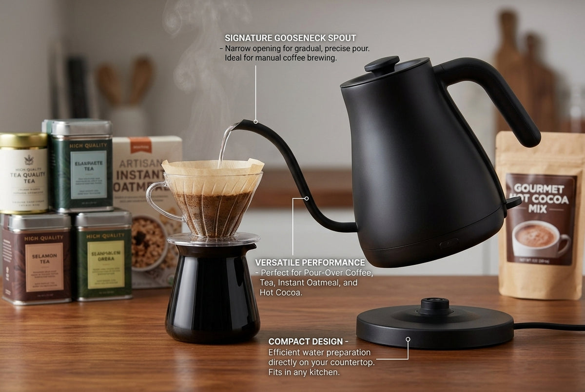 Electric Gooseneck Kettle – Fast-Heating Pour Over Coffee Kettle with Precision Spout, Compact Hot Water Kettle for Coffee, Tea & Home Brewing