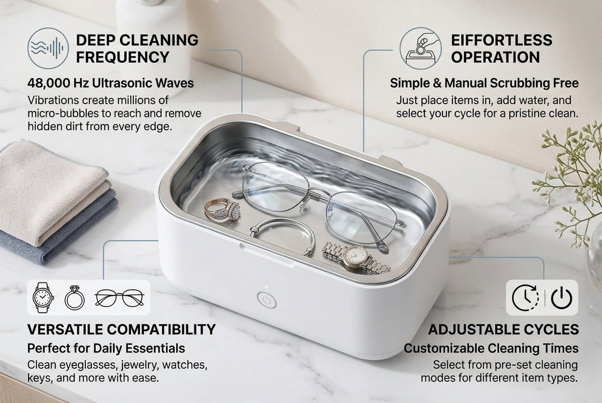 Ultrasonic Jewelry Cleaner Machine – Compact Cleaning Bath for Rings, Eyeglasses, Watches, Metal Accessories & Small Household Items