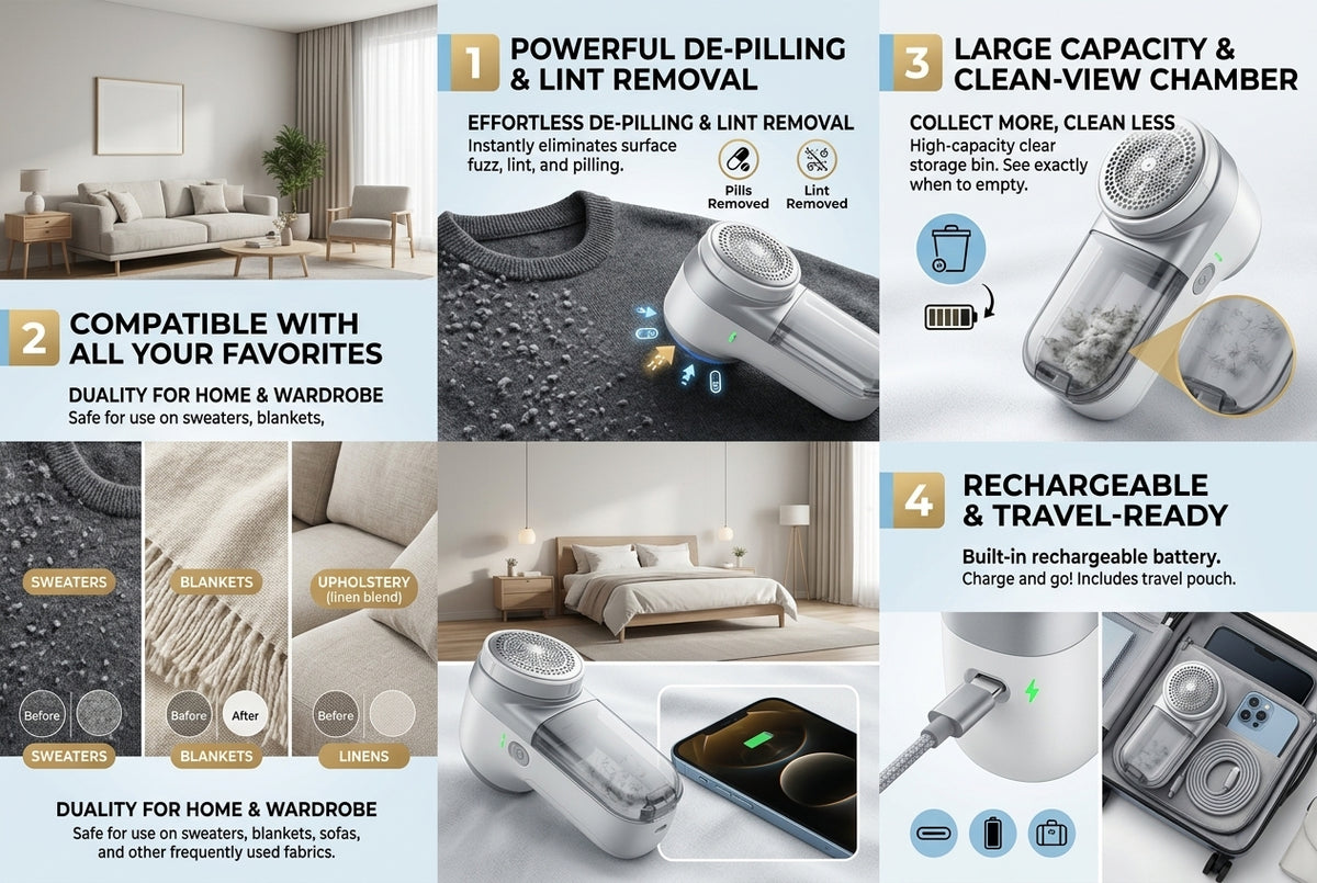 Rechargeable Fabric Shaver – Electric Lint Remover & Sweater Defuzzer for Clothes, Sofa, Blanket, Upholstery and Home Fabrics