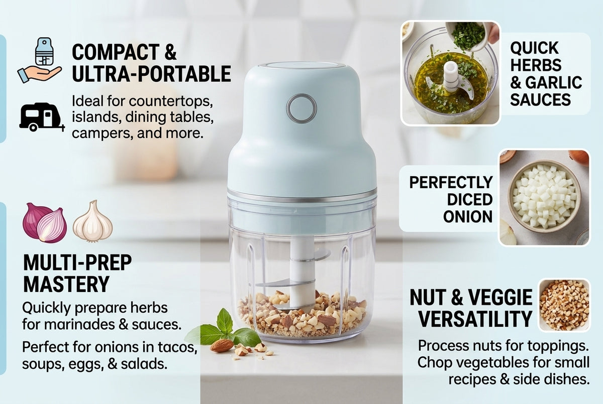 Electric Mini Food Chopper – Rechargeable Compact Vegetable Chopper, Garlic Mincer & Kitchen Food Processor for Onion, Herbs, Nuts & Meal Prep
