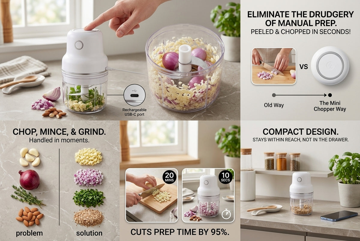 Electric Mini Food Chopper – Rechargeable Compact Vegetable Chopper, Garlic Mincer & Kitchen Food Processor for Onion, Herbs, Nuts & Meal Prep