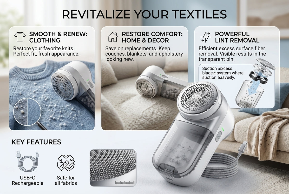 Rechargeable Fabric Shaver – Electric Lint Remover & Sweater Defuzzer for Clothes, Sofa, Blanket, Upholstery and Home Fabrics